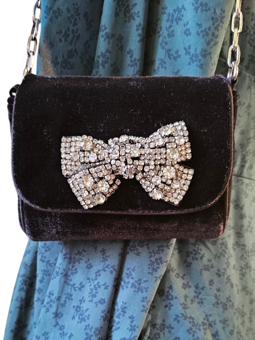 White House Black Market Black Velvet Rhinestone Bow Evening Bag Clutch